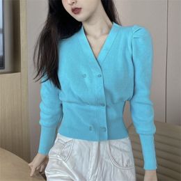 Fall Winter V Neck Pull Sleeve Double Breasted Short Knitted Cardigan Women Long Casual Top Sweater Knitwear 210514