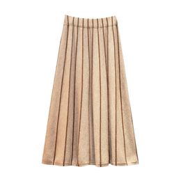 Grey Khaki Black Knitted Elastic Waist A Line Striped Empire Midi Skirt Autumn Winter Mori Girl S0204 210514