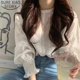 Elegant women blouses lantern sleeves o neck lace white floral print vintage casual sweet korean style femme tops modis 5136 50 210528