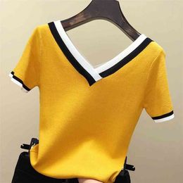 V-Neck T Shirt Women Tshirt Contrast Colour Striped Knitted Summer Top T-Shirt Woman Clothes Tee Shirt Femme Camisetas Mujer 210722