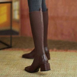 Women Knee-high Boots Shoes Tight Sock Boots Autumn Ladies Fashion Square Toe Pumps Female Winter Casual Slip On 2021 New Shoes Y1125