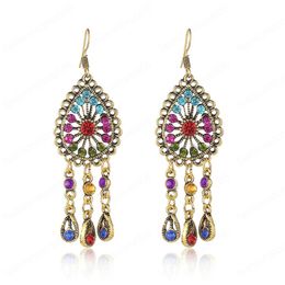 Retro Colourful Crystal Beaded Women's Dangle Earrings Jhumka Ethnic Alloy Hollow Water Drop Long Tassel Earring Boho Indian Jewellery