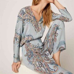 Japanese spring and autumn style cotton viscose ladies long-sleeved suit feather big flower home service pijamas women 210830