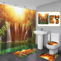 Curtain & Drapes Bathroom Set Nature Scenery Tree Waterfall Stone Printing Waterproof Shower Non-Slip Floor Mat Bath Rug Toilet Cover