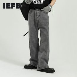 IEFB Loose Straight Wide Leg Pants With Belt Black Grey Jeans For Men Causal Loose Vintage Streetwear Denim Trousers 210524