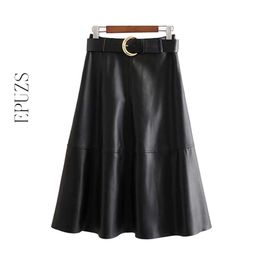 Vintage belt PU leather midi skirt womens high waist Streetwear casual black pleated full korean faldas mujer 210521