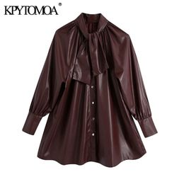 KPYTOMOA Women Fashion With Bow Faux Leather Blouses Vintage High Neck Long Sleeve Female Shirts Blusas Chic Tops 210323