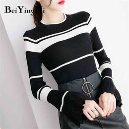 Autumn Winter Sweater Women Striped Knitwear Slim Flare Sleeve Knitted Pullovers Female White Black Korean Tops 210506