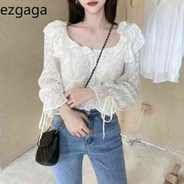 Ezgaga Crop Tops Women Blouse Square Collar Korean Chic Spring Elegant Lace Up Sweet Girl All-Match Fashion Shirts Blusas 210430