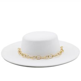 Simple British Style Gold chain winter wool solid Classic fedora cap men women panama jazz hat 9.5CM Wide Brim Big Fedoras