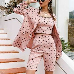 Fashion Light Pink Women's Three-piece Suit Long Sleeve Polka Dot Blazer Jumpsuit Casual Spring Summer Female Suit 210707