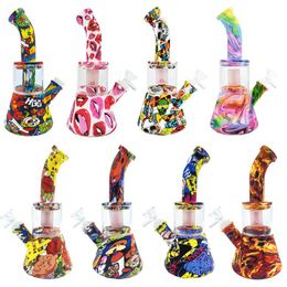 DHL 6.5 Inch Silicone Bong Beaker Base Water Pipes Cartoon Printing With 14mm glass bowl unbreakable Percolators Perc Removable Straight