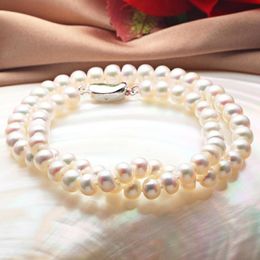 -Collares colgantes Collar de grado de perlas de agua dulce natural 8-9mm Perlas impecables Color de plata Hebilla Helada Mujeres Joyería Fiesta de fiesta