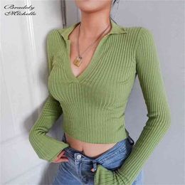 BRADELY MICHELLE Autumn Women Fashion Long-Sleeve Deep V-neck Sweaters Big elastic Knitted Crop Tops 210914