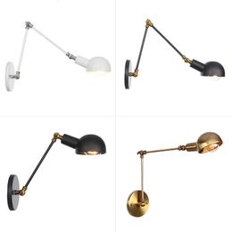 Industrial Adjustable Swing Arm Wall Lamp Reading Bedside Vintage Wandlamp Retro Extendable Led Wall Lights Fexible White Gold 210724