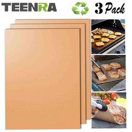 TEENRA 3Pcs Gold Reusable BBQ Mat Baking Grill Mat Heat-resistant Baking Mat Non-stick BBQ Liner Baking Sheet 211110