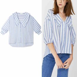Za Blue Striped Irregular Shirt Women Long Sleeve Vintage Plus Size Loose Spring Shirts Woman Fashion Button Up Long Top 210602