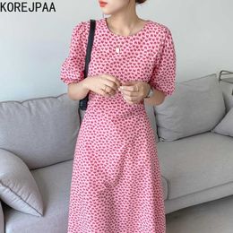 Korejpaa Women Dress Summer Korean Chic Sweet Age Reducing Love Print Round Neck Tie Waist Design Loose Puff Sleeve Vestido 210526