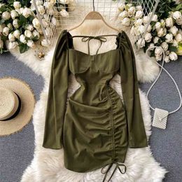 Women Fashion Square Collar Slim Drawstring Fold Package Hip Dress Spring Autumn Long Sleeve Vestidos Q996 210527