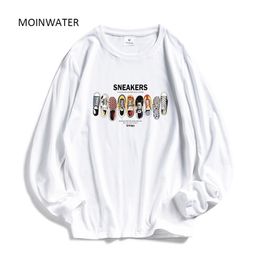 MOINWATER Women Casual Print Long Sleeve T-shirts Lady Cotton Black Fashion Tops Female White Tees shirt 210317