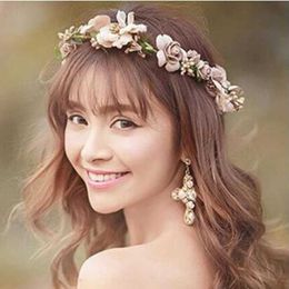 Artificial Flower Wreath Bride Women Flower Crown Hair Band Wedding Floral Headband Garland Ribbon Girl Hair Accessorie 26# Q0812