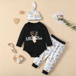 Pudcoco 0-24m 3pcs Newborn Kids Toddler Infant Baby Boys Girls Deer Cartoon Letter Print Bodysuit+pants+hat Clothes Pyjamas Sets G1023