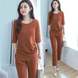 Hot 2019 New Ladies Women's Suit Summer Tops and pants Tracksuit Casual Loose Solid Sets 4XL X0428