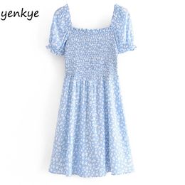 Blue Floral Print Dress Women Square Neck Short Sleeve Slim A-line Holiday Elegant Lady Prairie Chic Summer Chiffon 210514