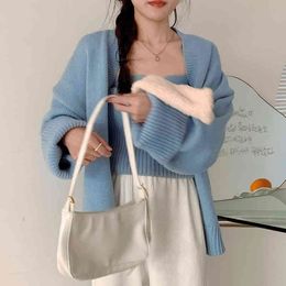 Lucyever Two Piece Set for Women Sexy Solid Sleeveless Tube Top Woman White Knitted Cardigans Slim Autumn Sets Female 210521