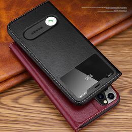 Texture Genuine Leather Flip Cover Case For iPhone 11 Pro 12 mini Max 7 8 Plus X XS XR Window View Stand Coque