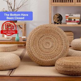 Japanese Style Thicken Futon Meditation Cushion Tatami Rattan Round Yoga Natural Straw Woven Kowtow Home Decor 211203