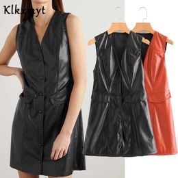 Klkxmyt Vest Women Fashion Pu Leather Single Breasted Waistcoat Vintage V Neck Pockets Female Outerwear Chic Tops 210527