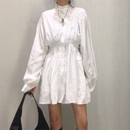 Korean Style Fashion Autumn Vintage Dress Elegant Long Sleeve Single Breasted Slim Tunic High Waist Casual Mini Robe Femme 210514