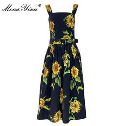 Women's Summer Black Cotton Spaghetti Strap Dresses Fashion Bohemian Vacation Sunflower print Elegant Party Dress 210524