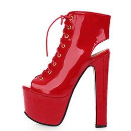 Super 17cm каблуки на каблуках ботинок лодыжки платформа сексуальные осенние летние сапоги шнуровки красные черные пп-ноги фетиш обувь женский большой размер 210429