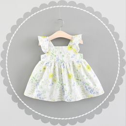 Girls Ruffle Sleeves Floral Dresses Summer 2021 Kids Boutique Clothing Korean 1-4T Cute Little Girls Cotton Sleeveless Dresses