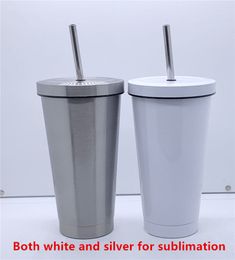 Wholesale! 17oz Sublimation White Silver Blank Tumbler With Lids And Metal Straws Heat Transfer Double Wall Insulated Drinking Cups Stainless Steel Water Bottle A12