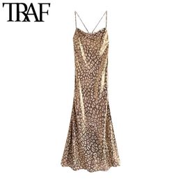 TRAF Women Chic Fashion Leopard Print Soft Touch Midi Camisole Dress Vintage Backless Thin Straps Female Dresses Mujer 210623