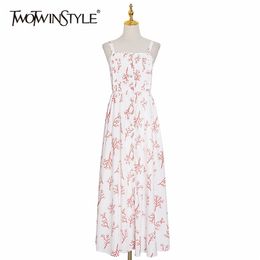 Elegant Print Dresses Female Square Collar Spaghetti Strap High Waist Side Split Hit Colour Summer Dress Women 210520