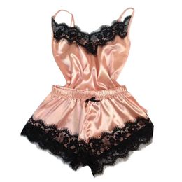 Women's Sleepwear Sexy Satin Pyjama Set Lace Halter Pyjamas Sleeveless Homewear Cute Cami Top and Shorts Nightgowns Lingerie Q0706