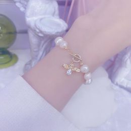 Bangle Exquisite Fashion Natural Freshwater Pearl Zircon Insect OT Buckle Bracelet For Woman Stainless Steel Bangles Jewellery Gifts