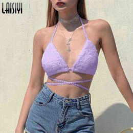 Furry Faux Fur Bra Wrap Top Autumn Solid Halter Tank Bras Bandage Lace Up Bustier Crop Tops Woman Y2k Vest Aesthetic Clothing Y220308