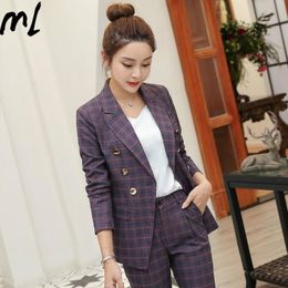 Women's Suits & Blazers Vintage Plaid High Quality Professional Blazer Long-sleeved Slim Work Suit Business Trouser Office Ladies