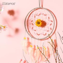 dreamcatcher hanging Canada - Decorative Objects & Figurines MIAMOR Pink Dreamcatcher With Yellow Flower Nursery School Kid Bedroom Wedding Home Wall Hanging Decor Access