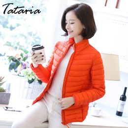 Tataria Women's Winter Hooded Warm Coat Female Candy Color Down Parkas with Portable Storage Bag Ultra Light 210514