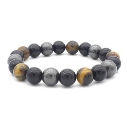 Men Crystal Hematite Black Gemstone Tiger Eye Natural Stone Charm Bangle Lucky Wrap Handmade Beaded Bracelet Stretch Set Jewellery