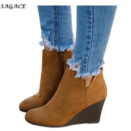 Boots SAGACE Shoes Women Autumn Wimter Flock Zipper Fashion Ankle Solid 6cm Heel Suede Wedges Warm Round Toe