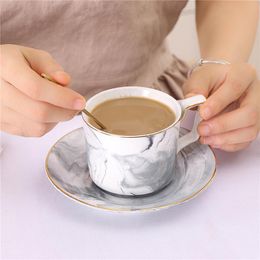 Nordic Ceramic Mug Grey Marbled Coffee Tea Cup Drinkware Bar Decoration Household Kitchen Supplies And Saucer With Spoon Cups & Saucers