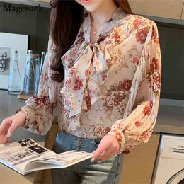 Ruffles Floral Chiffon Tops Shirt Women Autumn Korean Bow Lace Long Sleeve Blouse Sweet Printed s Blouses 10770 210512