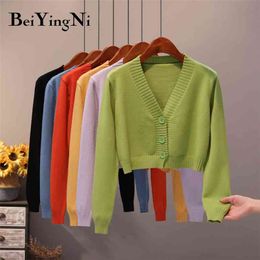 Women Casual V-neck Cardigan Autumn Winter Warm Sweater Female Coats Korean Knitted Tops Fashion Cropped Lady 210506